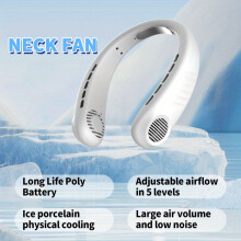 (White) Portable Wearable Neck Fan, USB Rechargeable, 5 Adjustable Speeds, Lightweight Design for Outdoor Sports and Activities | Stylish Neck Fan