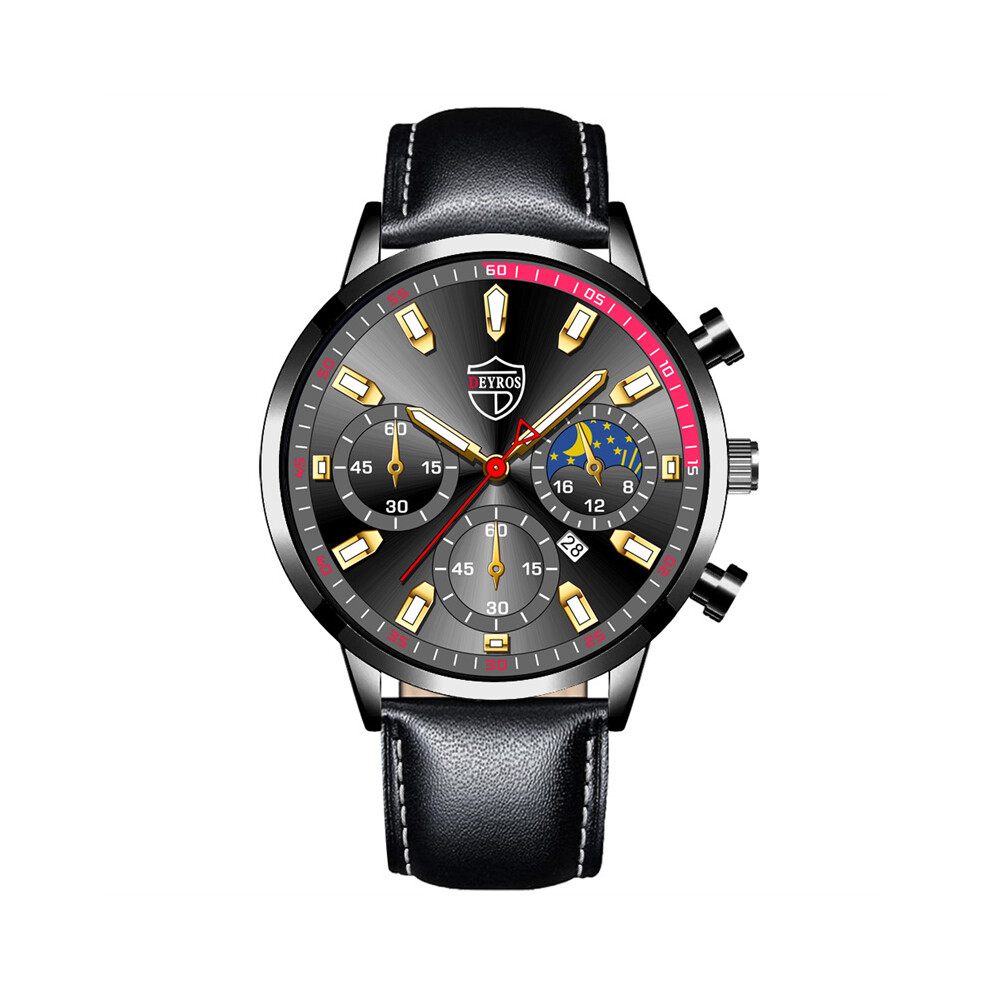 Montres à quartz pour hommes (cuir noir et or) - Montre-bracelet lumineuse en acier inoxydable