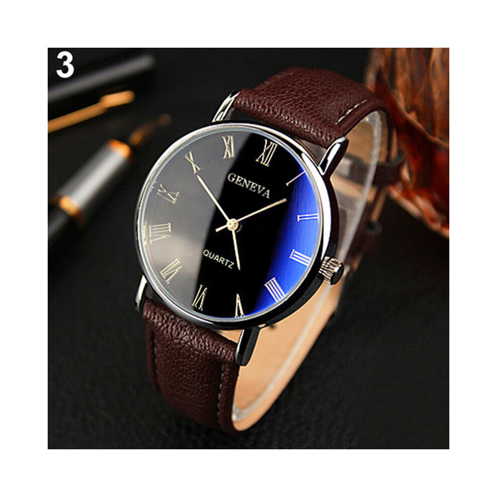 Montre analogique à quartz pour homme (noir et marron), chiffres romains, bracelet en similicuir Blu-ray,
