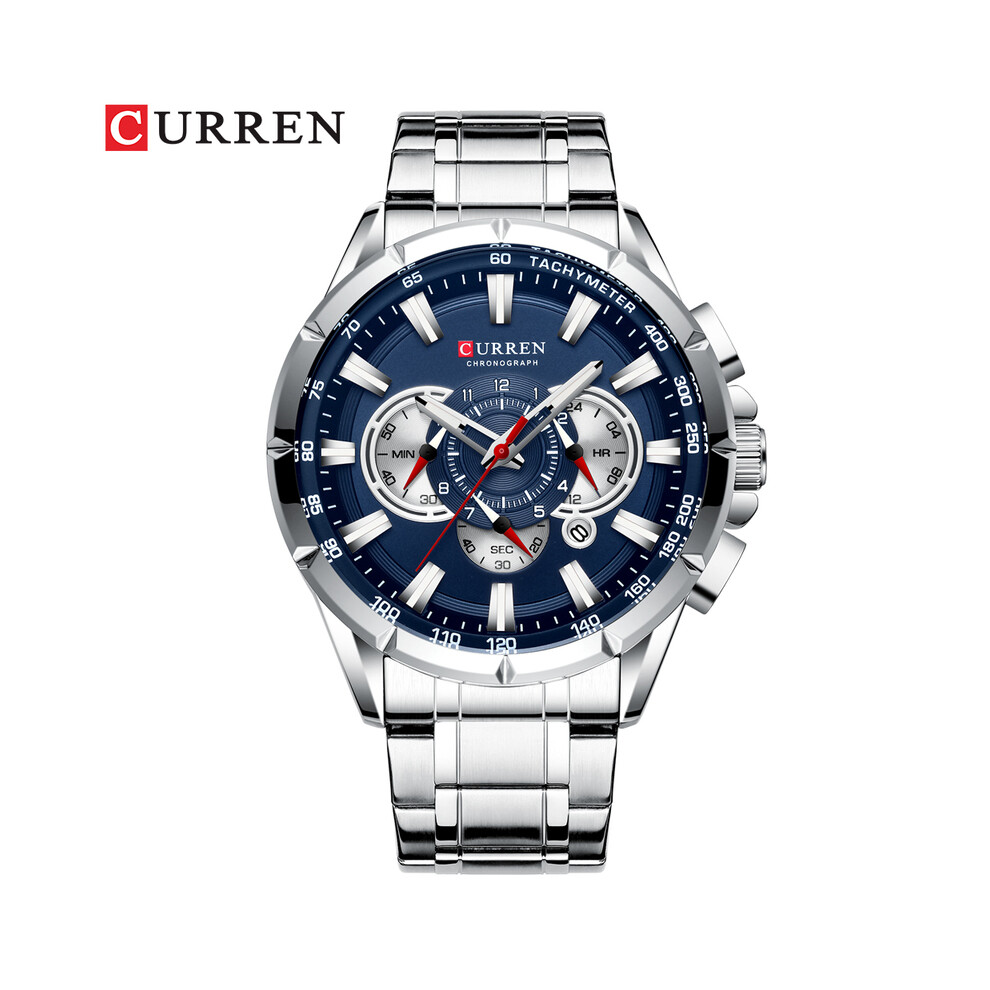 (argent bleu) Nouvelle montre chronographe sport décontractée pour homme avec bracelet en acier inoxydable