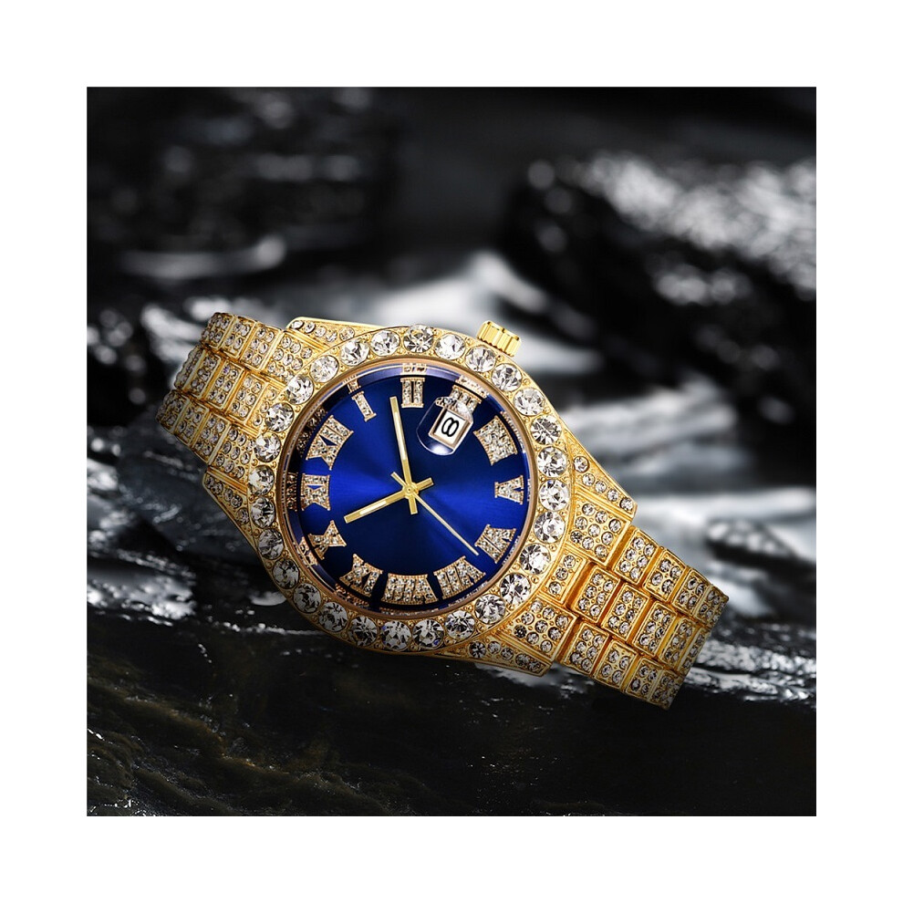 (or bleu) Montre Hip Hop Montre Homme Montre de luxe étanche Montres de marque Acier inoxydable Horloge