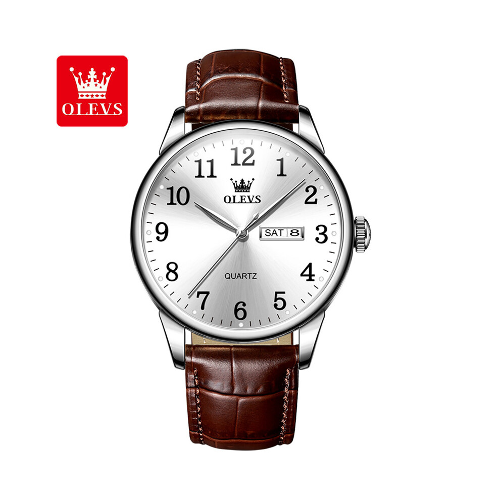 Montre d'affaires OLEVS pour homme (cuir marron blanc), montre-bracelet à quartz de luxe de marque supérieure,