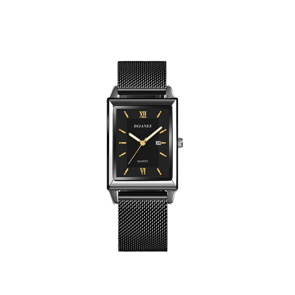 Montre de luxe pour homme (maille noire et or), montre-bracelet à quartz de marque supérieure, entièrement