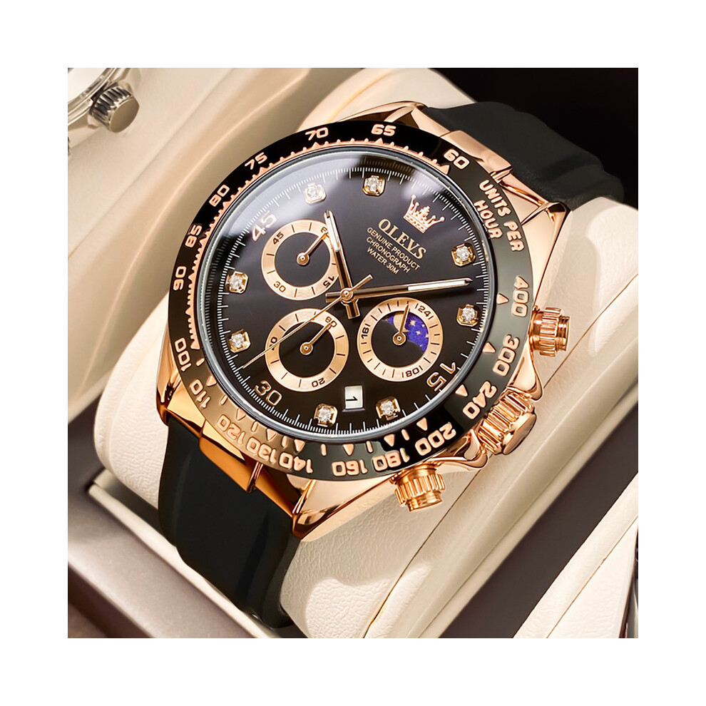 (Rose noir) Montre OLEVS pour homme Montre dorée Silicone Lumineuse Étanche Luxe Multifonction Analogique