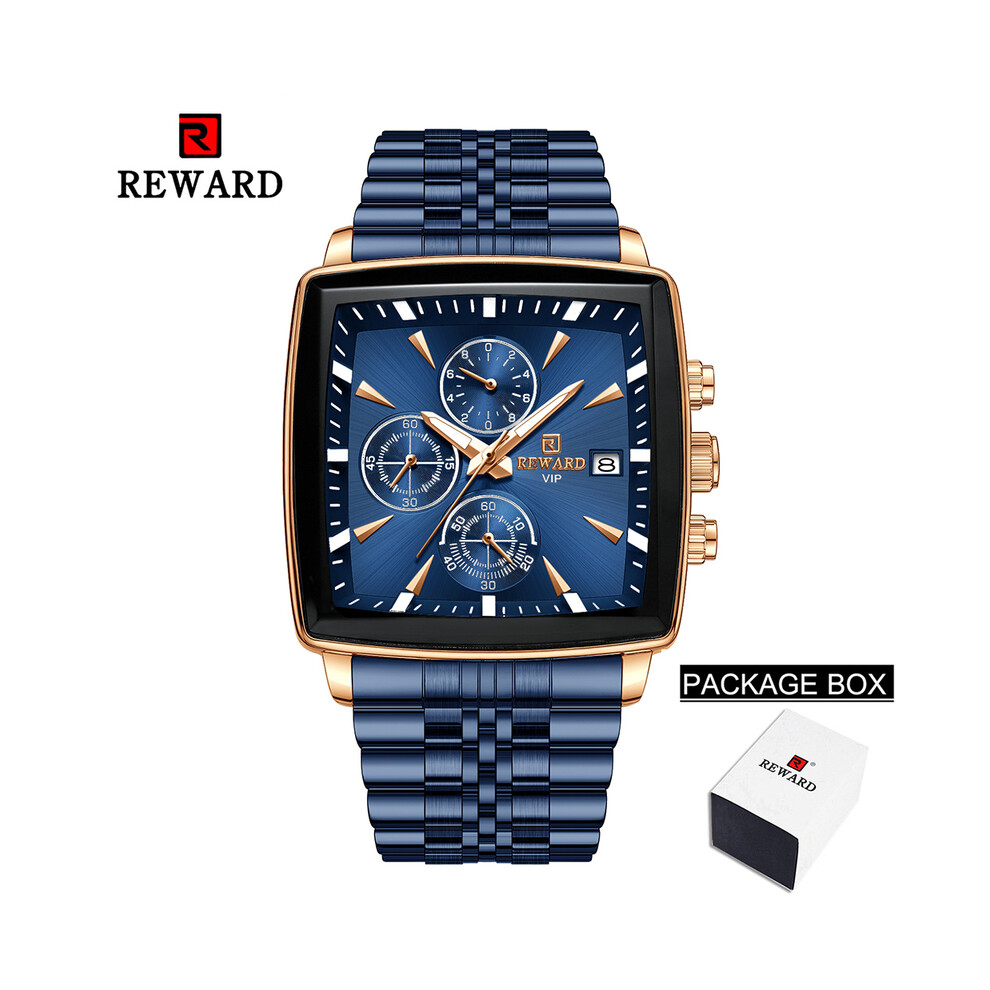 (Boîte bleue en or rose) Montres pour hommes REWARD Montres-bracelets à quartz rectangulaires bleues