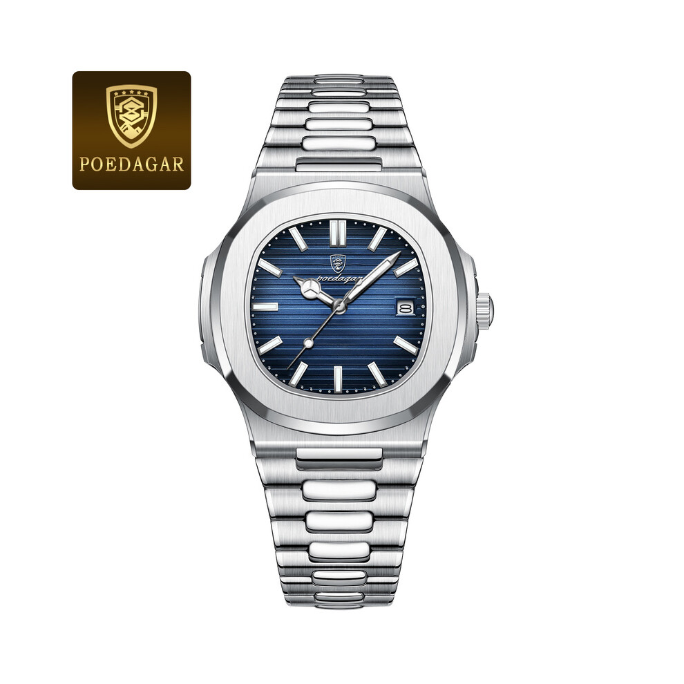 Montre-bracelet de luxe pour homme (argent bleu S) - En acier inoxydable - Quartz - Étanche - Lumineuse