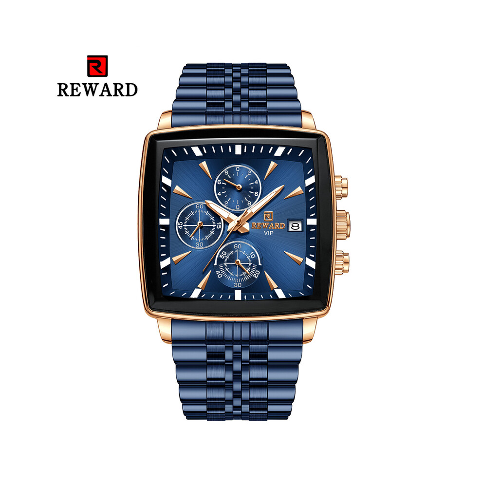 (Or rose bleu) REWARD Montres pour hommes Montres-bracelets à quartz rectangulaires bleues Montre d'affaires