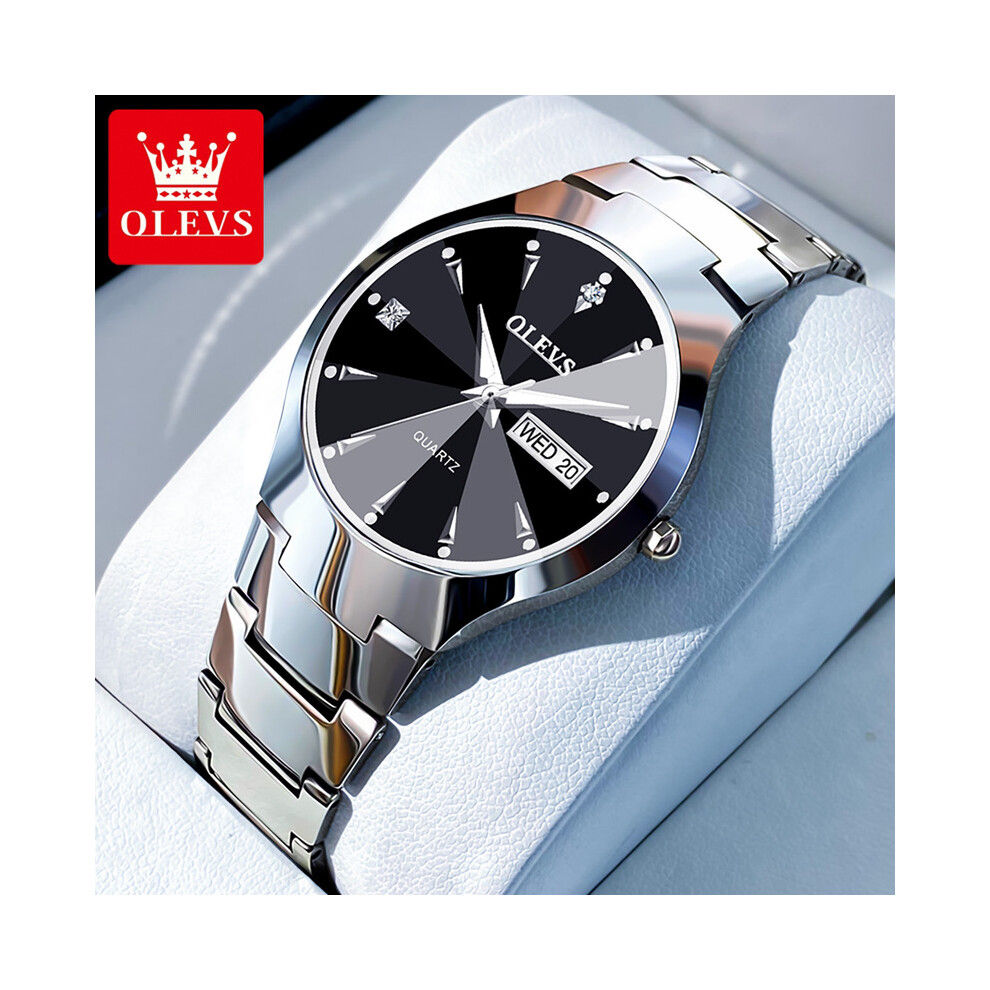 (blanc 8697) Montre homme OLEVS en acier tungstène, effet miroir losange, étanche, lumineuse, calendrier,