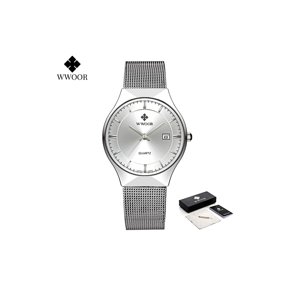 (boîte blanche argentée) Montres pour hommes en argent avec maille en acier de marque supérieure de
