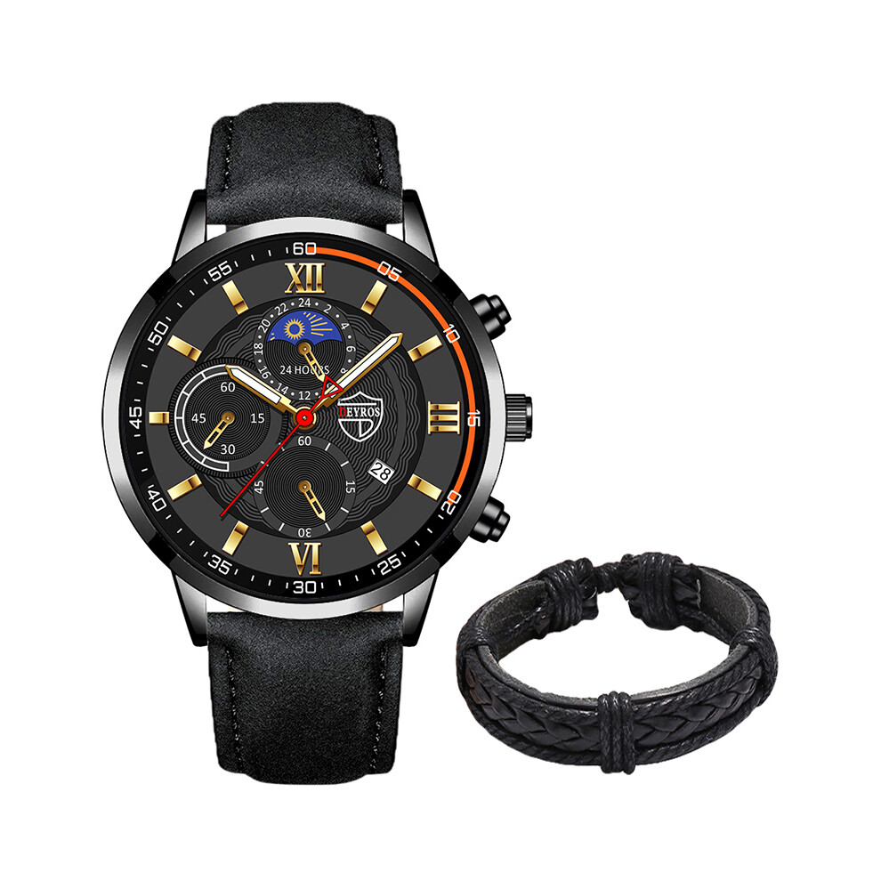 Montre de sport de luxe pour homme (noir et or), en acier inoxydable, à quartz, bracelet en cuir, style
