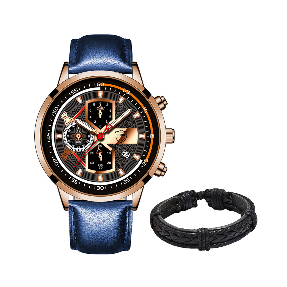 Montre-bracelet à quartz de luxe pour homme (or rose bleu) - Horloge lumineuse - Montres en cuir tendance