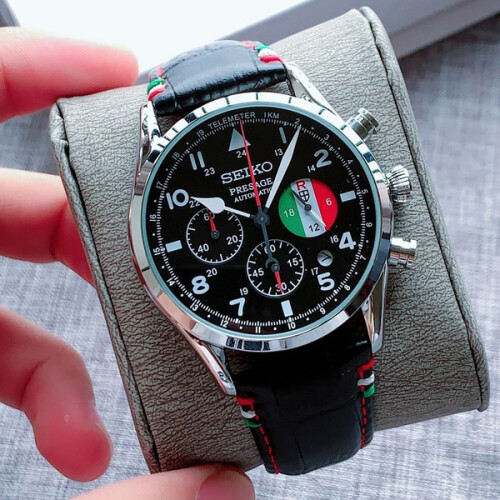 (Negro) Reloj de cuarzo casual SEIKO para hombre, correa de cuero, esfera blanca y negra, automático,