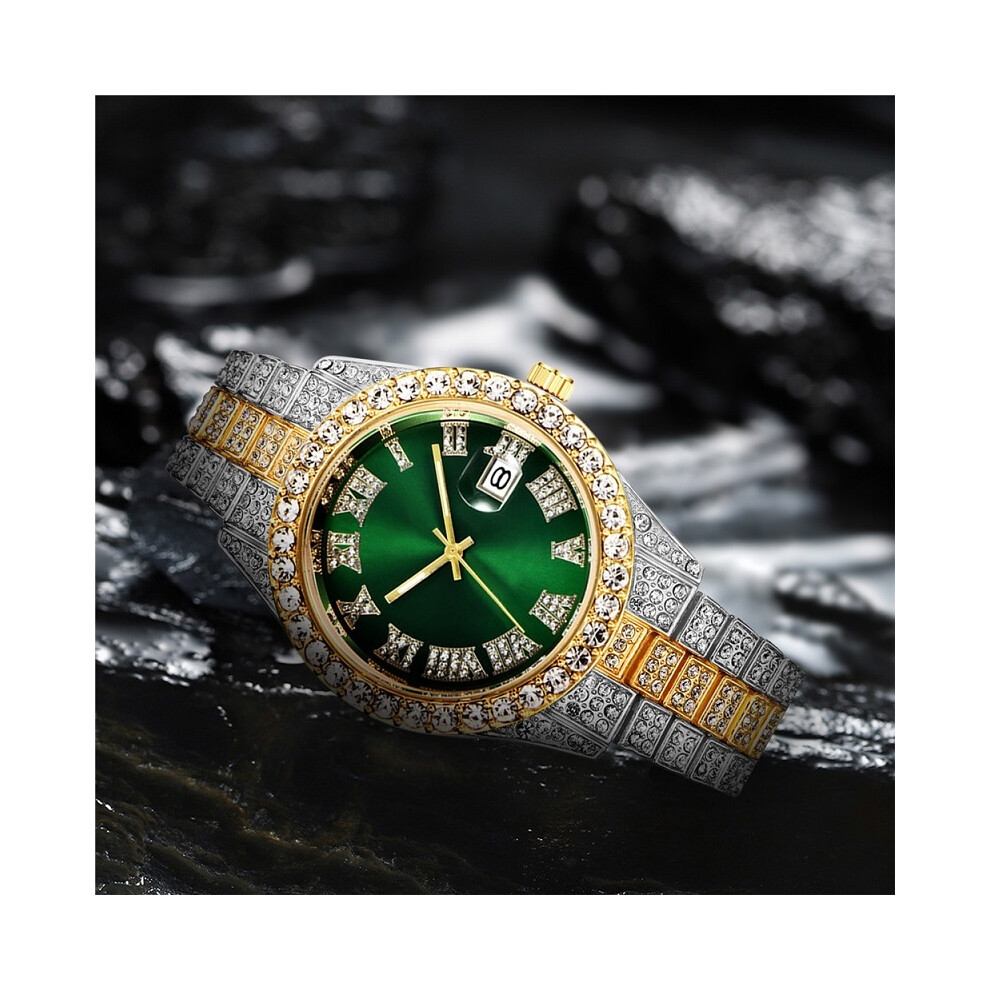 (argent or vert) Montre Hip Hop Montre Homme Montre de Luxe Étanche Marque Montres Acier Inoxydable