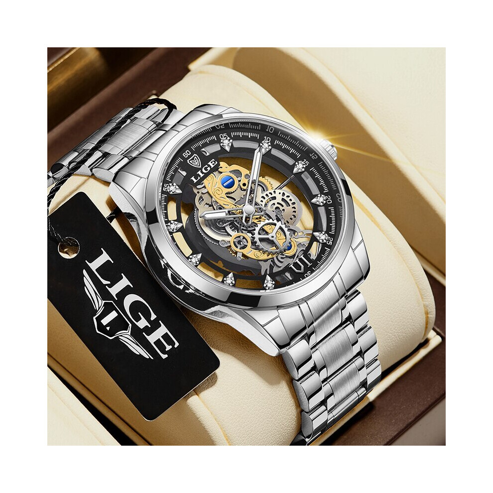 (argent noir) Nouvelle montre homme squelette montre-bracelet à quartz or squelette rétro homme montre