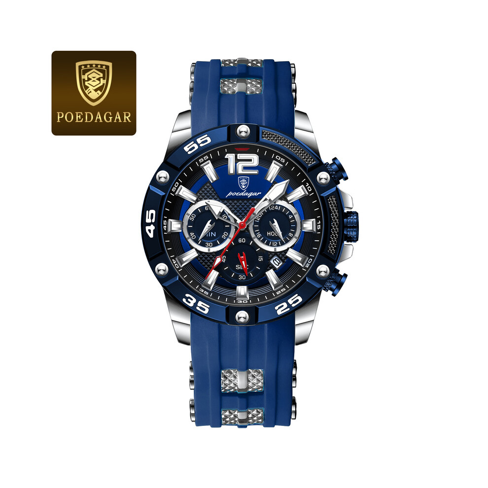 Montre-bracelet de luxe pour homme (argent bleu), chronographe sportif, bracelet en silicone, étanche