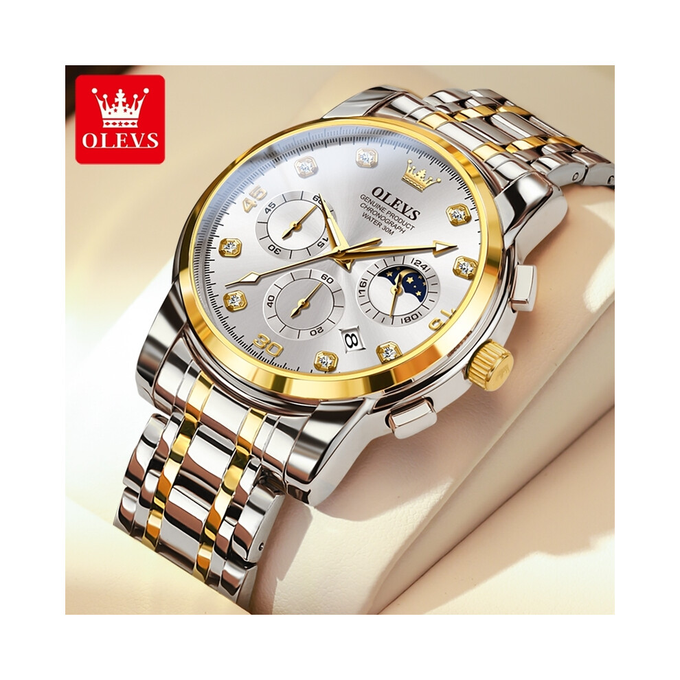 (or blanc 2889) OLEVS Original Montre Homme Quartz Chronographe Phase de Lune Date Lumineuse Étanche