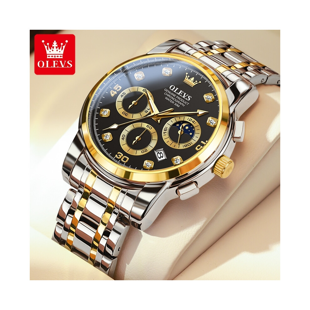 (or noir 2889) OLEVS Original Montre Homme Quartz Chronographe Phase de Lune Date Lumineuse Étanche