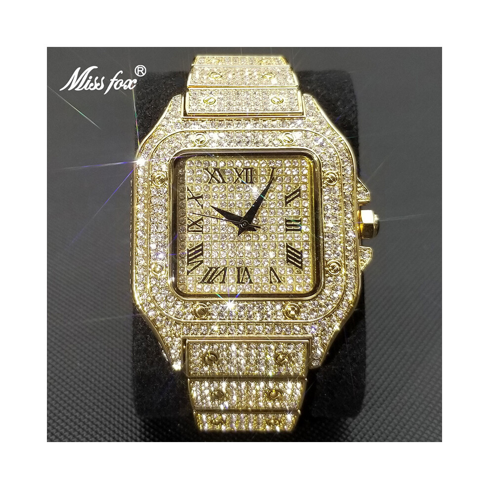 (V324 Or) Missfox Ice Out Square Montre pour homme Top Marque Luxe Full Diamond Montres pour homme Ultra