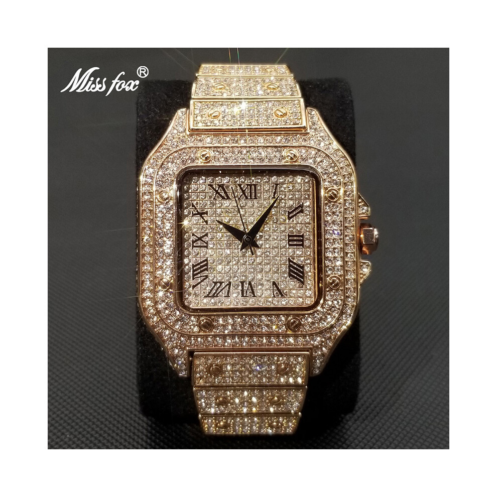 (V324 Or Rose) MISSFOX Ice Out Square Montre pour Homme Top Marque Luxe Full Diamond Montres Homme Ultra
