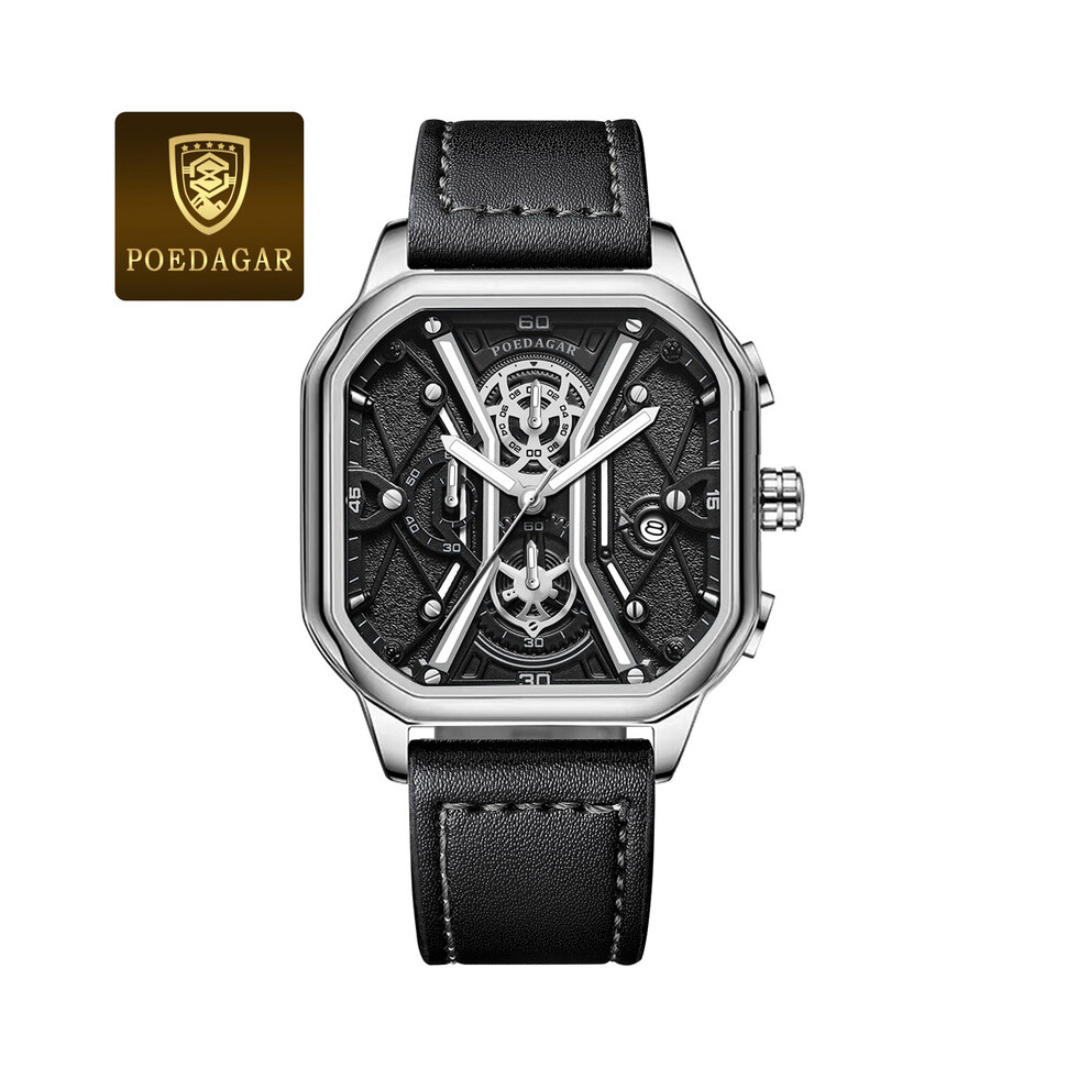 Montre-bracelet de luxe pour homme (argent blanc L) - Haute qualité - Étanche - Chronographe - Date