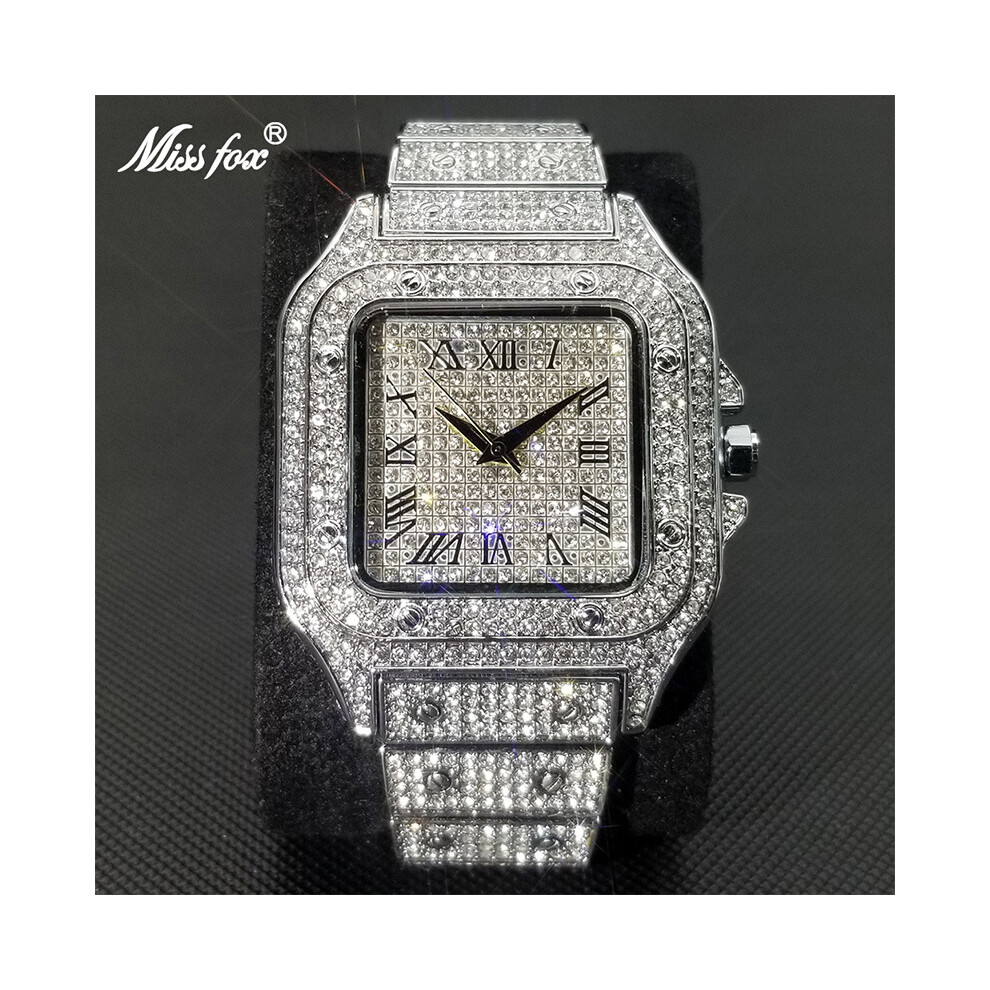 (V324 Argent) Missfox Ice Out Square Montre pour homme Top Marque Luxe Full Diamond Montres pour homme
