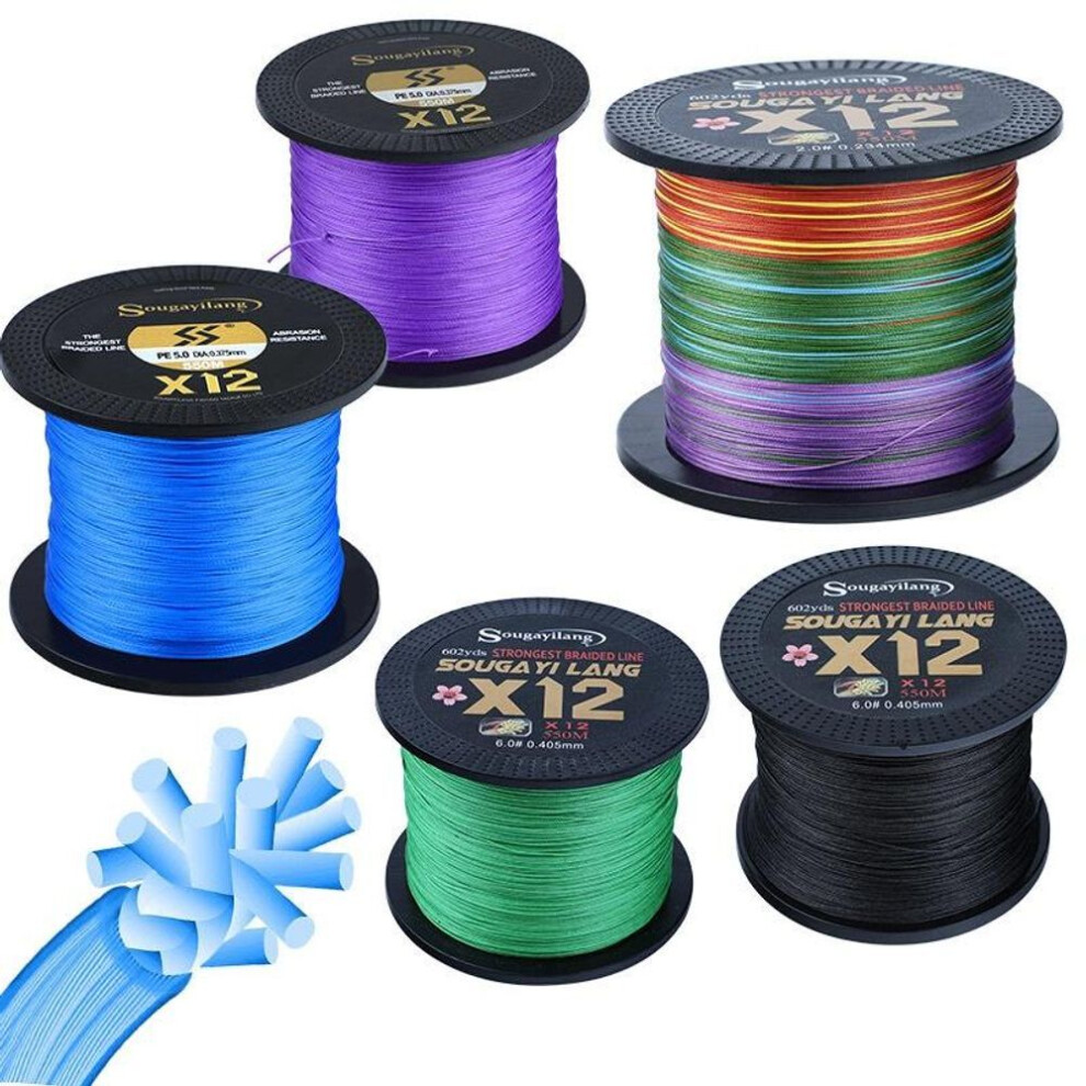 (blue, 550M&0.324) Sougayilang12 Strands Fishing Line Braided Fishing Line 20lb-103lb Super Strong Abrasion Resistant Braided Lines