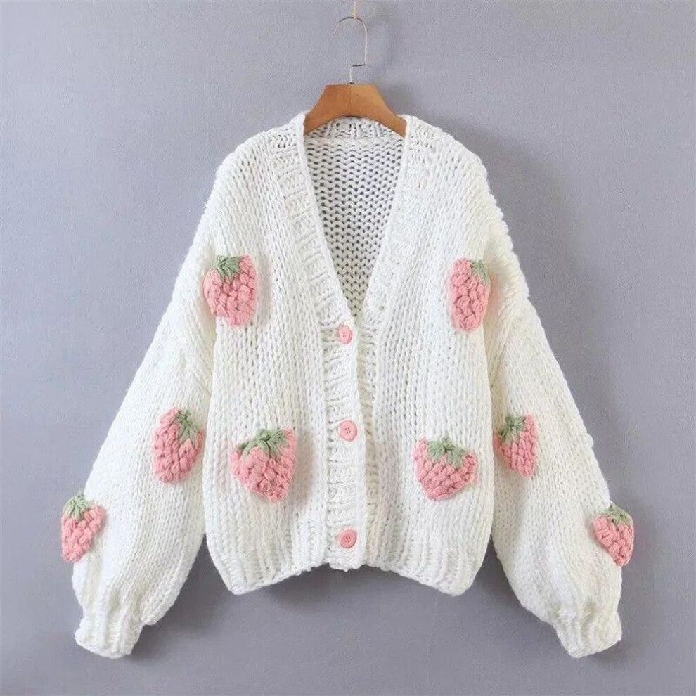(pink, One Size) Autumn Womens Clothes Fashion Embroidery Strawberry Knitted Sweater Cardigan Sweet V-Neck Lantern Long Sleeve Loose Cardigans Coat 29792
