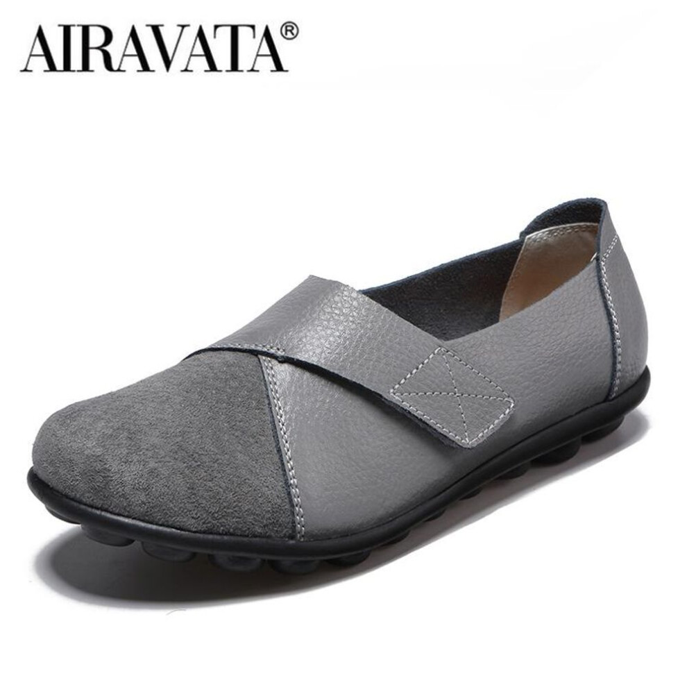 (grey, 39) Woman's Flats Loafers Shoes Soft PU Leather Casual Shoes Big Size 35-44 Mocassin Boat Shoes for Women Hook Loop