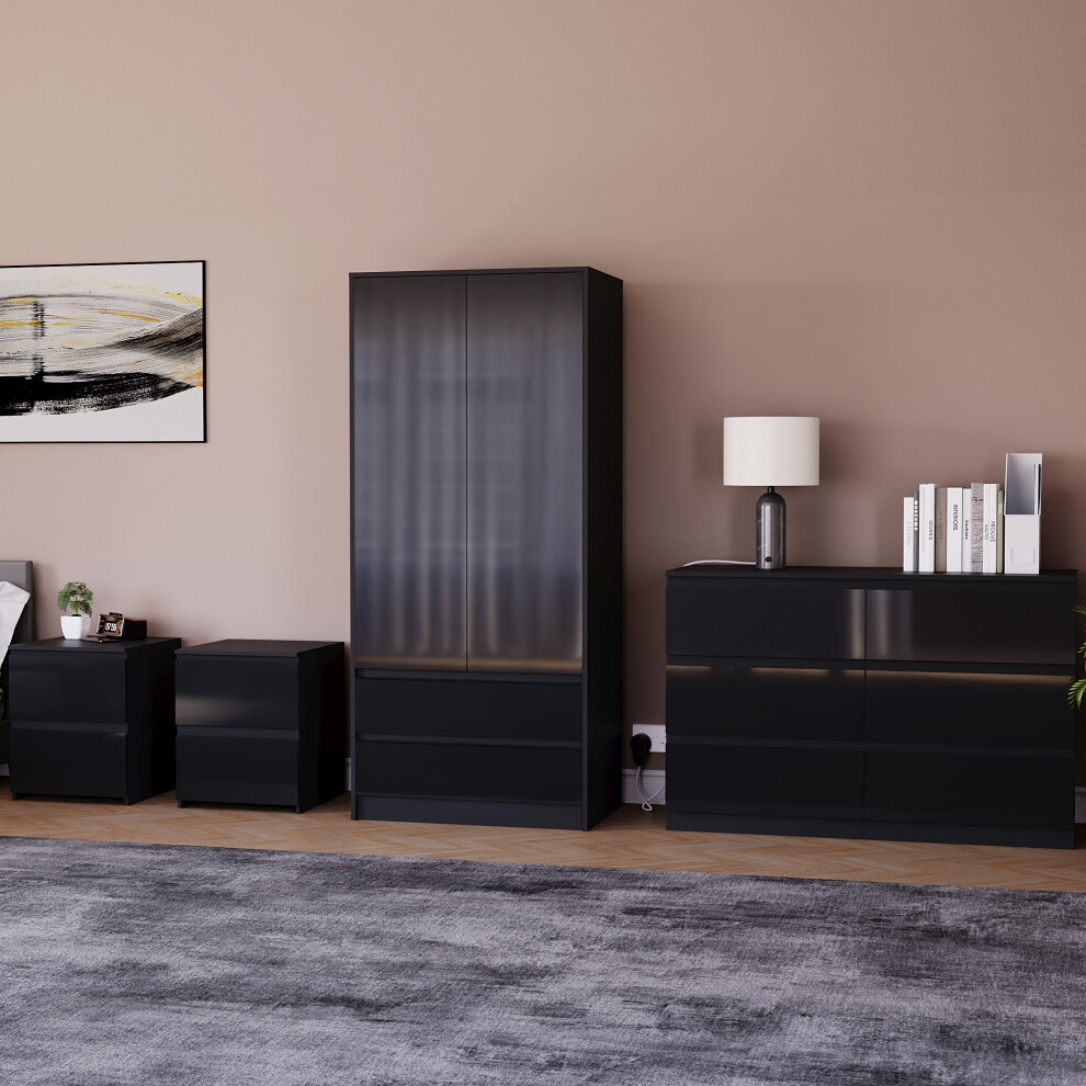 (Black) Glinton 4pc Bedroom Furniture Set High Gloss (4)
