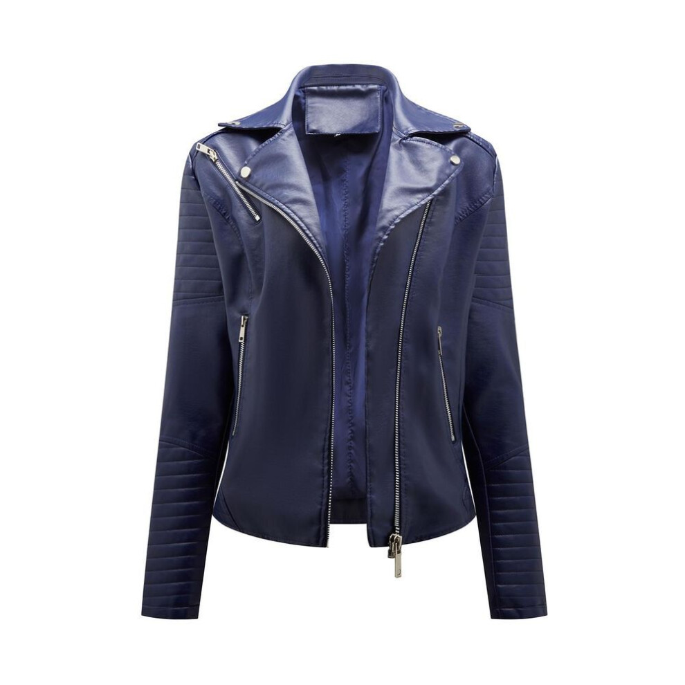 (navy blue, M) Faux Leather Jacket for Women Turn down Collar Diagonal Zip PU Moto Biker Coat Casual Short Outerwear for Autumn Spring