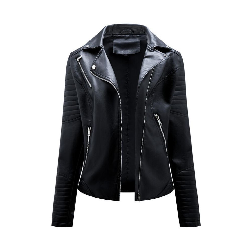 (black, 2XL) Faux Leather Jacket for Women Turn down Collar Diagonal Zip PU Moto Biker Coat Casual Short Outerwear for Autumn Spring