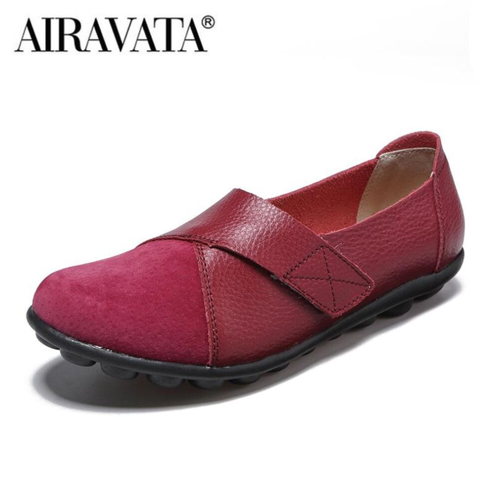 (rose red, 44) Woman's Flats Loafers Shoes Soft PU Leather Casual Shoes Big Size 35-44 Mocassin Boat Shoes for Women Hook Loop