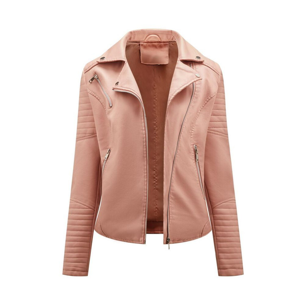 (pink, 2XL) Faux Leather Jacket for Women Turn down Collar Diagonal Zip PU Moto Biker Coat Casual Short Outerwear for Autumn Spring