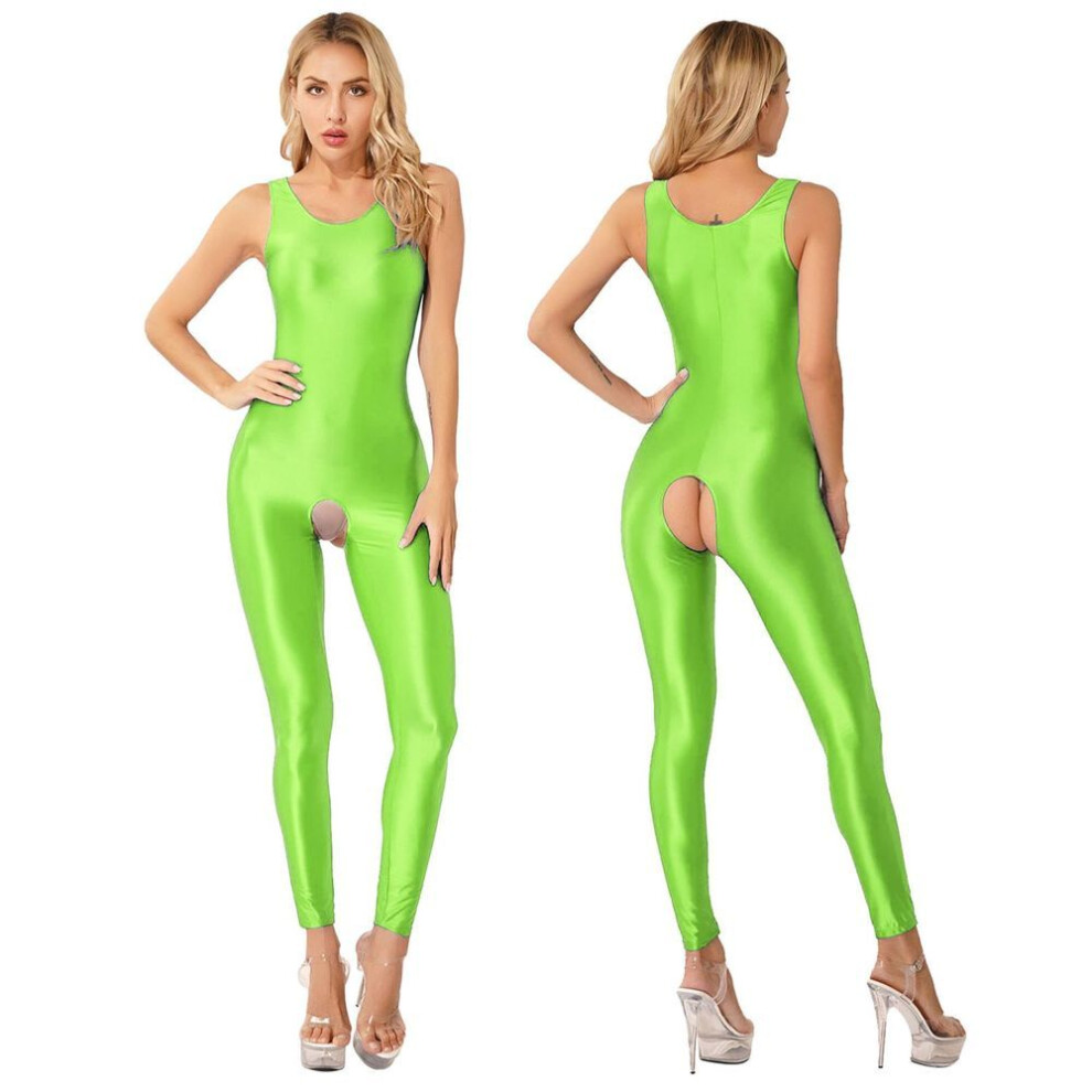 (fluorescent green, M) Womens Glossy Sleeveless Bodysuit Jumpsuit Solid Stretchy Leotard Nightwear