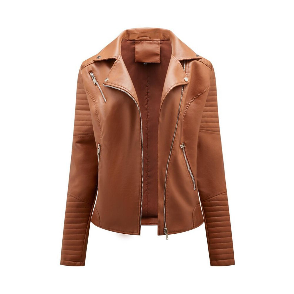 (camel, S) Faux Leather Jacket for Women Turn down Collar Diagonal Zip PU Moto Biker Coat Casual Short Outerwear for Autumn Spring
