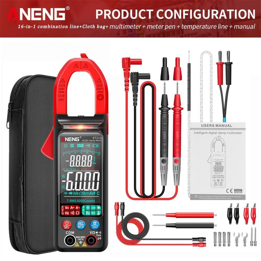 (red, pro) ANENG ST212 DC/AC Current Digital Clamp Meter 6000 Counts 400A Amp Multimeter Large Color Screen Voltage Tester Car Hz NCV Ohm