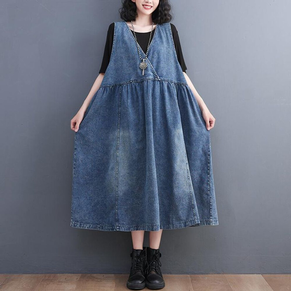 (blue, XL) DIMANAF SAutumn Plus Size Women Denim Dress Sleeveless Vest Solid Vintage Long Dress V-Neck Dress Loose Casual Clothing