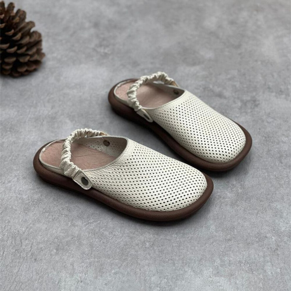 (white, 40) Johnature Handmade Genuine Leather Round Toe Sandals Women Soft Sole Flat Slippers Hollow Out Casual Shoes