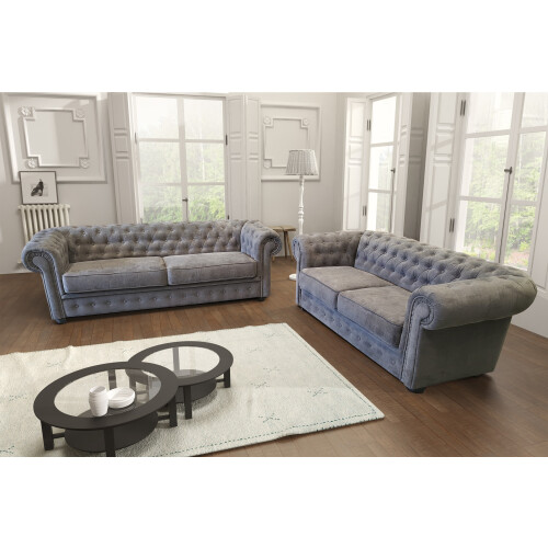 Chesterfield Style Venus Grey Fabric 3+2 Seater Sofa Set