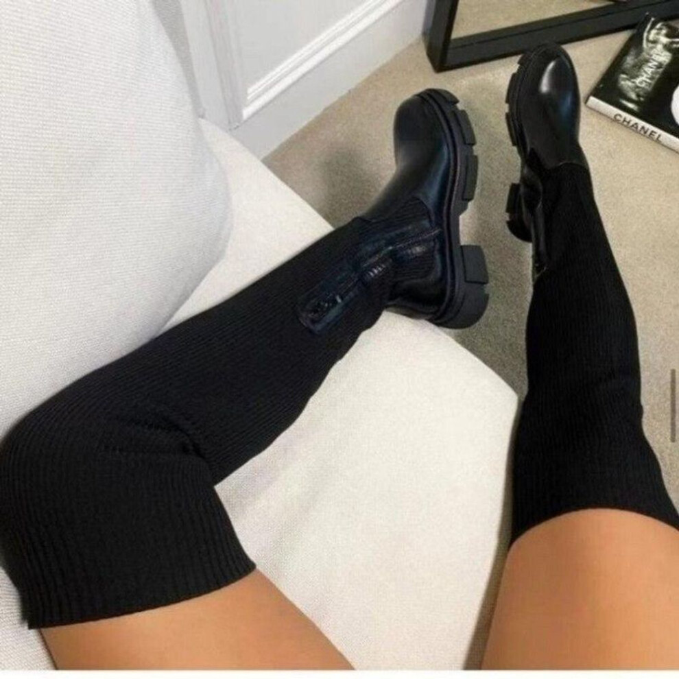 (black, 40) Brand New Female Platform Thigh High Boots Fashion Slim Chunky Heels Over The Knee Boots Women Party Shoes Woman Plus Size