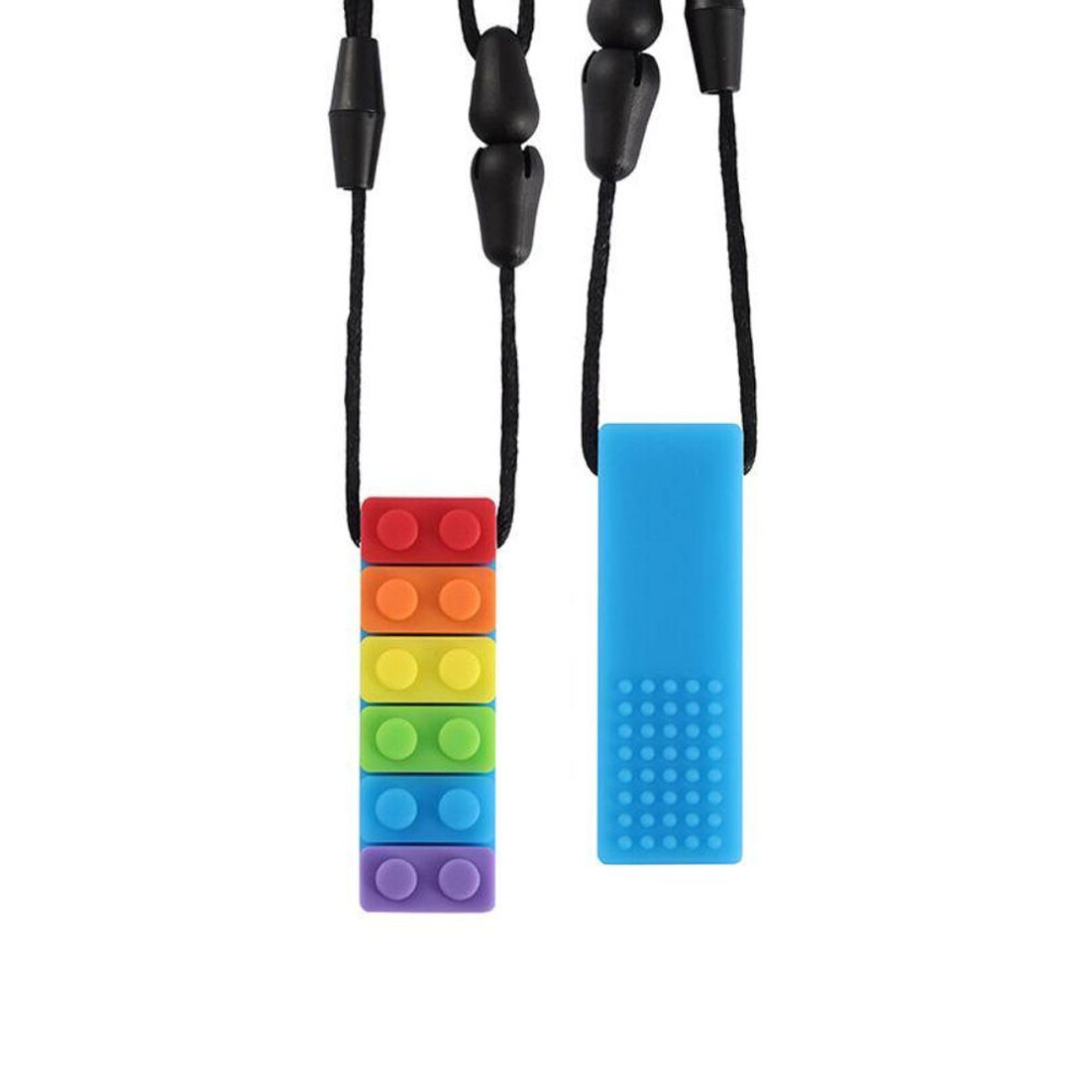 (blue) Rainbow Brick Chew Necklace Baby Silicone Teether Autism Sensory Chewy Toys
