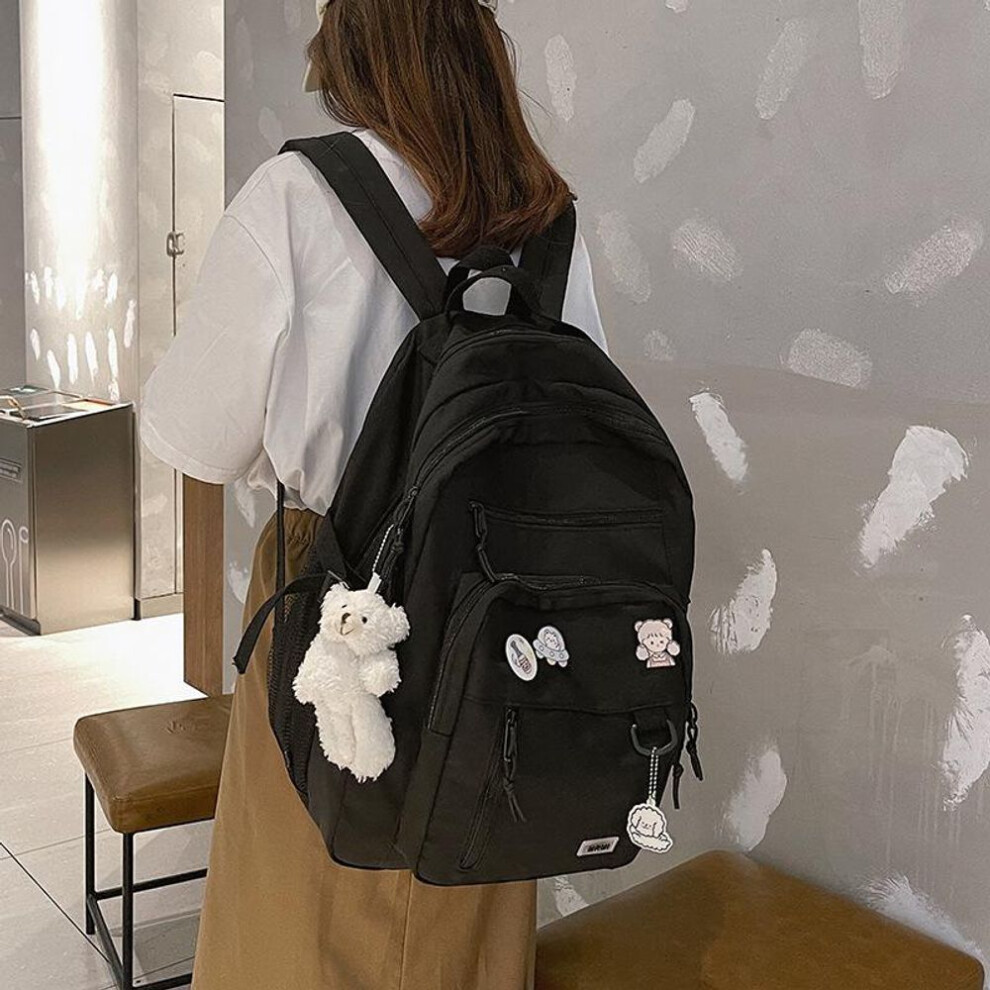 (black) Fashion Big Student Backpack Badge Rucksack Girls School Bag High Capacity Women Backpack Female Cute Leisure Travel Mochila