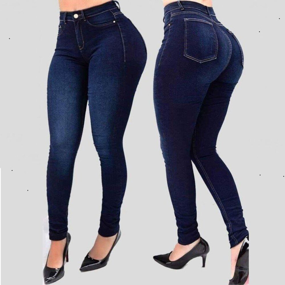 (dark blue, L) Women High Waist Denim Jeans Stretch Skinny Pencil Pants Ladies Slim Shaping Jeans Plus Size