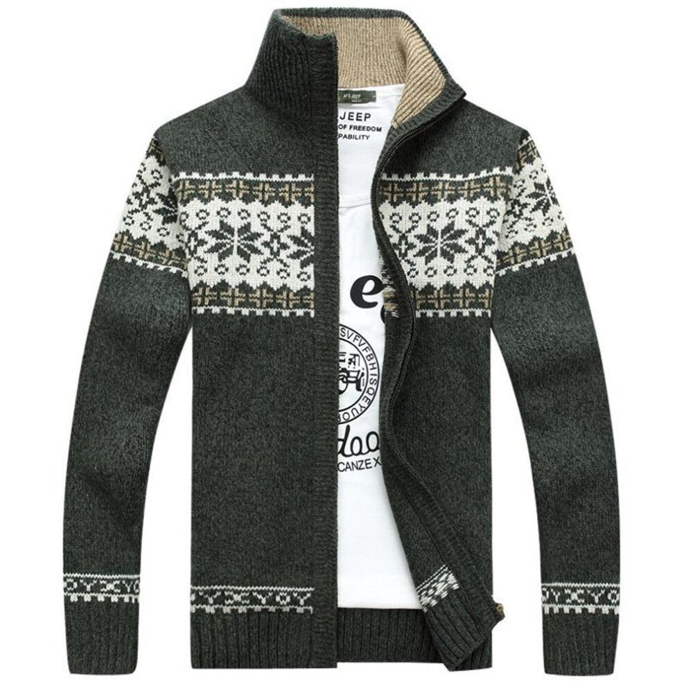(green, M) Autumn and Winter Sweater Men&apos;s Jacquard Slim-fit Stand-up Collar Sweater Trendy Casual Jacket Knitted Cardigan