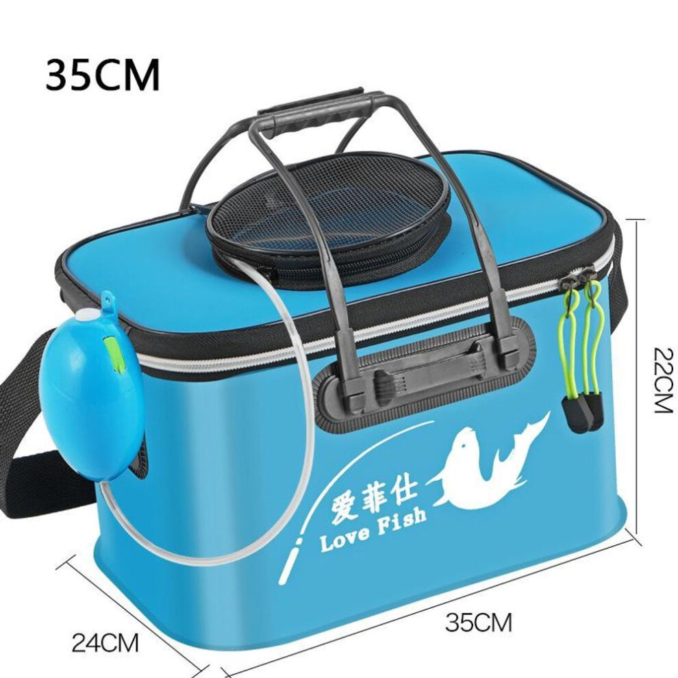 (blue, 35cm(with oxygen pump)) Foldable Wear-resistant Waterproof EVA Fishing Barrel Fishing Box Tools Box Optional Rechargeable Oxygen Pump 30cm/35cm/40cm/45cm/50cm Size Choices