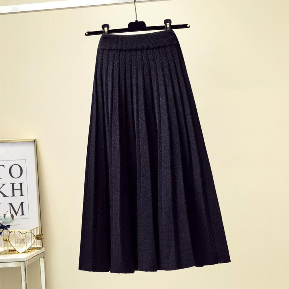 (black, One Size) Autumn Winter Knitted Midi Long Pleated Skirt ZA Women Korean Style Blue Mid-Length High Waist Skirt Female