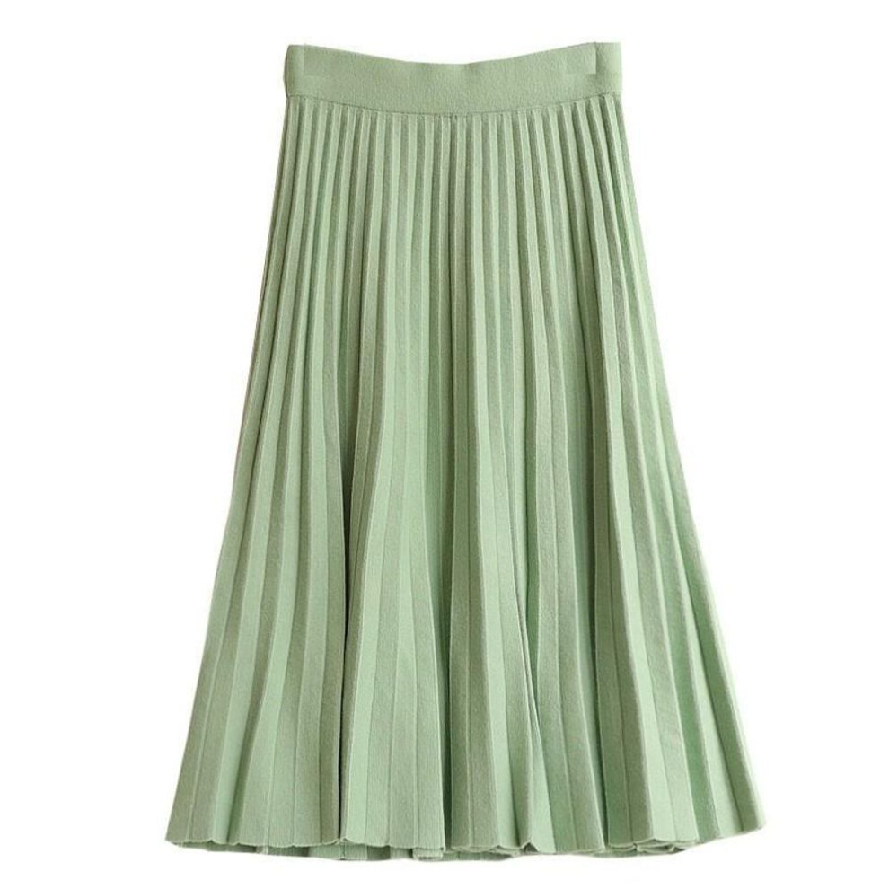 (green, One Size) Autumn Winter Knitted Midi Long Pleated Skirt ZA Women Korean Style Blue Mid-Length High Waist Skirt Female
