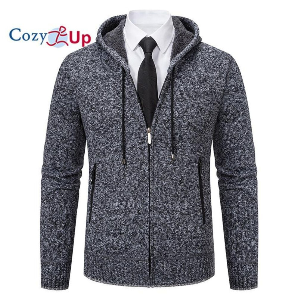 (grey, 2XL) Cozy Up  Men&apos;s Long Sleeve Cardigan Casual Streetwear Hooded Soft Knit Sweatshirt Thermal Full Zip Fitted Fleece Hoodie