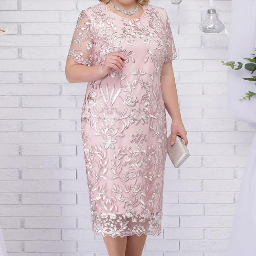 (pink, 5XL) Women Dress Summer Short Sleeve Embroidery Woman Long Dresses Casual O-neck Big Size Dresses