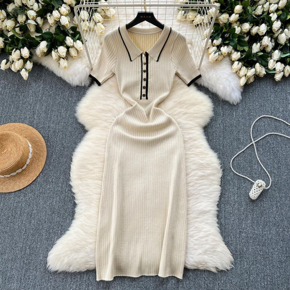 (apricot, One Size) New Summer Women&apos;s Polo Knitted Dresses Colorblock Elegant Short Sleeve Buttons Bodycon Wrap Dress Female Dress